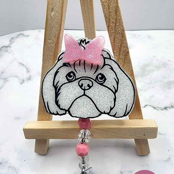 Cute White Shih Tzu Glitter Badge Reel with Pink Bow-Badge Reel With Beads - Picture 3 of 7